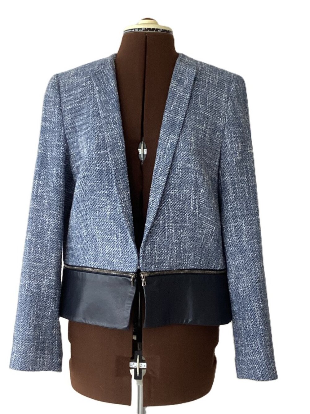 Judith and Charles Blue Tweed and Leather Copped Jacket